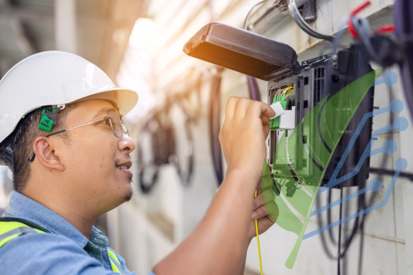 Técnico especializado solucionando problemas de conexión de fibra óptica
